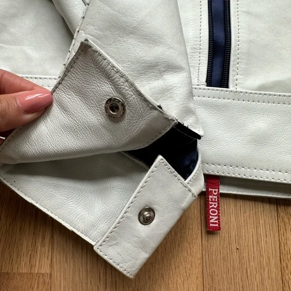 Peroni Italy White Leather Full Zip LOGO perforated Sleeve Jacket - Picture 7 of 9